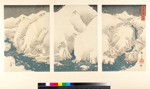 Snöstorm i bergen och floderna i Kiso, (sanmaitsuzuki - triptyk, yoko-e - horisontellt format, träsnitt i färg)