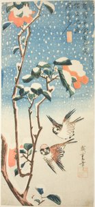 Sparvar och kamelia i snö av Utagawa Hiroshige