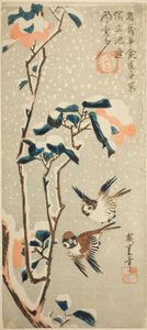 Sparvar och kamelia i snö av Utagawa Hiroshige