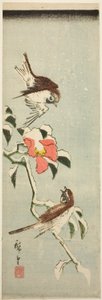 Sparvar och kamelia i snö av Utagawa Hiroshige