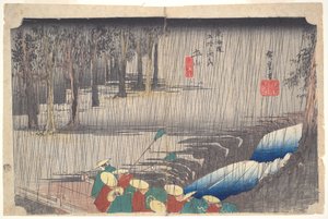 Vårregn i Tsuchiyama, ur serien Tōkaidōs femtiotre stationer av Utagawa Hiroshige