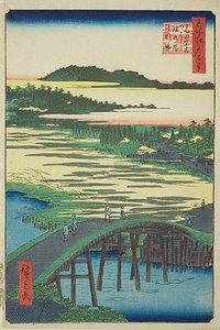 Sugatami Bridge, Omokage Bridge och grusgropen vid Takata (Takata Sugataminohashi Omokagenohashi jariba), nr 116 från serien "Hundra berömda vyer över Edo (Meisho Edo hyakkei)" av Utagawa Hiroshige
