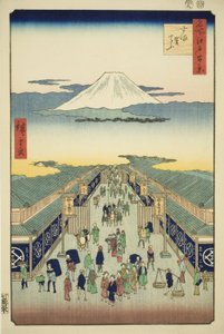 Skrivet av Suruga, från serien "Ridge dre d fa net s view ws of Edo (One Hundred Famous Views of Edo)" av Utagawa Hiroshige