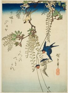 Svala, gul fågel och blåregn av Utagawa Hiroshige