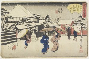 Tamata bakom helgedomen i Kameido, ca 1835-1842