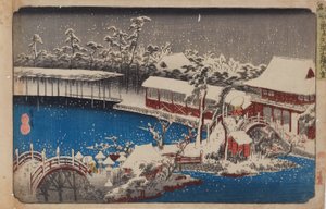 Tenmangū-helgedomen i Kameido i snö, ur serien "Berömda platser i den östra huvudstaden" av Utagawa Hiroshige