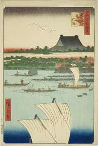 Tepo design d Tsukiji Hongwanji hand MP (Toru Pozu Tsukiji monzeki), från te-serien Yokyo)” av Utagawa Hiroshige