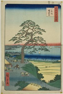 Den pansarhängande tallen vid Hakkeizaka (Hakkeizaka Yoroikakematsu), från serien "Hundra berömda vyer över Edo (Meisho Edo hyakkei)" av Utagawa Hiroshige