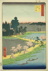 The Entwined Camphor Trees at Azuma Shrine (Azuma no mori Renri no azusa), från serien "One Hundred Famous Views of Edo (Meisho Edo hyakkei)" av Utagawa Hiroshige