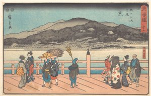 Den stora bron vid Sanjō (Taibi, Kyō, Sanjō Ōhashi), ur serien Tōkaidōvägen: De femtiotre stationerna (Tōkaidō: Gojūsan tsugi) av Utagawa Hiroshige
