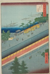 Hallen med trettiotre vikar i Fukagawa (Fukagawa Sanjusangendo), nr 69 från serien "Hundra berömda vyer över Edo (Meisho Edo hyakkei)" av Utagawa Hiroshige