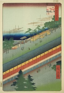 The Hall of Thirty-three Bays at Fukagawa (Fukagawa Sanjusangendo), från serien "One Hundred Famous Views of Edo (Meisho Edo hyakkei)" av Utagawa Hiroshige