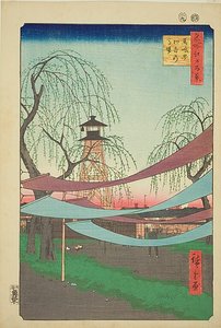 Hatsunes ridbana vid Bakuro-cho (Bakuro-cho Hatsune no Baba), nr 6 från serien "Hundra berömda vyer över Edo (Meisho Edo hyakkei)" av Utagawa Hiroshige