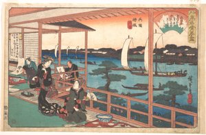Restaurangen Kawachiya, Yanagi-bashi, Ryōgoku (Ryōgoku Yanagi-bashi, Kawachiya), ur serien En samling berömda restauranger i Edo (Edo Kōmei Kaitei Zukushi) av Utagawa Hiroshige