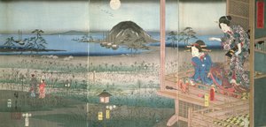 Lady Fujitsubo tittar på prins Genji som går i månskenet, 1853, (färgsnitt)