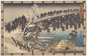 Den lojale rōninen korsar den långa bron för att gå ombord för nattanfallet mot Moronao av Utagawa Hiroshige