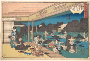 Restaurangen Musashiya, Ushijima (Ushijima, Musashiya), ur serien En samling berömda restauranger i Edo (Edo Kōmei Kaitei Zukushi) av Utagawa Hiroshige