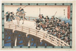 ”Nattattacken”, fjärde avsnittet (egentligen det femte): Reträtten över Ryōgoku-bron av Utagawa Hiroshige
