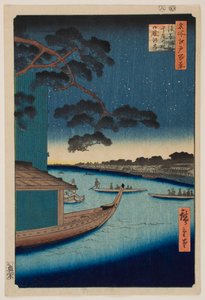 Mötesfurun nära Asakusa-floden och Oumaya-stranden vid Sumida-floden, ur serien ”Hundra berömda vyer över Edo” av Utagawa Hiroshige
