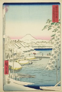 Flodstranden vid Sukiya i den östra huvudstaden (Toto Sukiyagashi), från serien "Trettiosex utsikter över berget Fuji (Fuji sanjurokkei)" av Utagawa Hiroshige