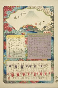 Titelsida för serien "Trettiosex utsikter över berget Fuji (Meisho sanjurokkei)" av Utagawa Hiroshige