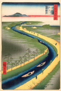 Bogserbåtar längs Yotsugi-dori-kanalen, skylt 33 från serien One Hundred Famous Views of Edo, Edo Period, Ansei Era, 1857 (träblocktryck) av Utagawa Hiroshige
