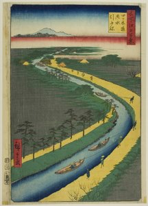 Bogserbåtar längs Yotsugidori kanal (Yotsugidori yosui hikifune), från serien "Hundra berömda vyer över Edo (Meisho Edo hyakkei)" av Utagawa Hiroshige