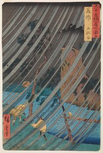 Plötsligt skyfall i Yamabushi-dalen i provinsen Mimasaka / Mimasaka, Yamabushidani, plansch 46 ur serien: Vyer över berömda platser i fler än sextio provinser / Rokuju yoshu meisho zue av Utagawa Hiroshige