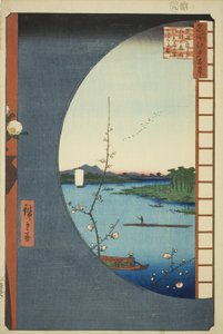 Utsikt från Massaki av Suijin Shrine, Uchigawa Inlet och Sekiya (Massaki hen yori Suijin no mori Uchigawa Sekiya no sato o miru zu), från serien "One Hundred Famous Views of Edo (Meisho Edo hyakkei)" av Utagawa Hiroshige