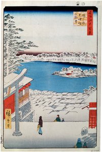 Utsikt från toppen av sluttningen vid Tenjin-helgedomen i Yushima, 1856-1858. av Utagawa Hiroshige