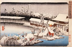 Vy över Kameido Tenmangū-helgedomen i snö av Utagawa Hiroshige