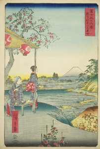 Utsikt över berget Fuji från ett tehus vid Zoshigaya (Zoshigaya Fujimi chaya), från serien "Trettiosex utsikter över berget Fuji (Fuji sanjurokkei)" av Utagawa Hiroshige