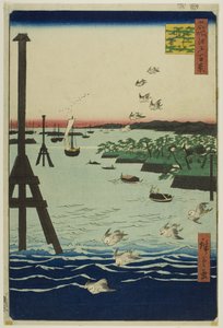 Utsikt över Shiba Bay (Shibaura no fukei), från serien "Hundra berömda vyer över Edo (Meisho Edo hyakkei)" av Utagawa Hiroshige