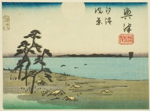 Utsikt över Shiohama och Kiyomigaseki i Okitsu (Okitsu, Kiyomigaseki, Shiohama fukei), sektion av ark nr 4 från serien "Utklippta bilder på Tokaido Road (Tokaido harimaze zue)" av Utagawa Hiroshige