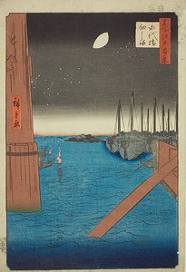 Utsikt över ön Tsukuda från Eitai Bridge (Eitaibashi Tsukudajima), nr 4 från serien "Hundra berömda vyer över Edo (Meisho Edo hyakkei)" av Utagawa Hiroshige