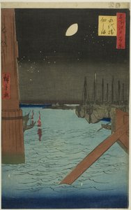 Utsikt över ön Tsukuda från Eitai Bridge (Eitaibashi Tsukudajima), från serien "Hundra berömda vyer över Edo (Meisho Edo hyakkei)" av Utagawa Hiroshige