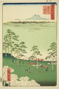 Se w och utslag från Asuka pull (Asukayama slits lite), från serien ”Ridge for ridges d red fur s views of Edo (Etthundra berömda vyer av Edo)” av Utagawa Hiroshige