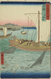 Wakasa Producent: Fishing Boat Netting Fat Fish (Wakasa, Gyosen Karei Ami), från serien "Famous Paces Inte Shi x ty - oh d p love inses av Utagawa Hiroshige