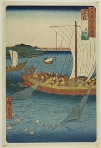 Wakasa-provinsen: Fiskebåt som fångar plattfisk i nät (Wakasa, gyosen karei ami), från serien "Berömda platser i de sextiotalet provinserna (Rokujuyoshu meisho zue)" av Utagawa Hiroshige