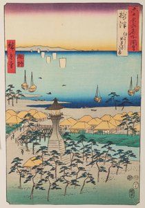 Demi-kusten och fyren i provinsen Settsu / Settsu Sumiyoshi Demi no hama, bild 5 i serien: Utsikter över berömda orter i drygt sextio provinser / Rokuju yoshu meisho zue av Utagawa Hiroshige