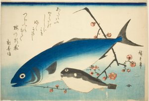 Gulsvans, blåsfisk och plommongren av Utagawa Hiroshige