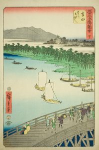 Yoshida: Stora bron över Toyofloden (Yoshida, Toyokawa ohashi), nr. 35 från serien "Famous Sights of the Fifty-three Stations (Gojusan tsugi meisho zue)," även känd som Vertical Tokaido av Utagawa Hiroshige