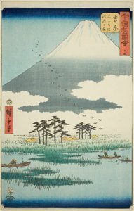 Yoshiwara: Fuji Marsh och Ukishima Plain (Yoshiwara, Fuji no numa ukishima ga hara), nr 15 från serien "Famous Sights of the Fifty-three Stations (Gojusan tsugi meisho zue)," även känd som den vertikala Tokaido av Utagawa Hiroshige