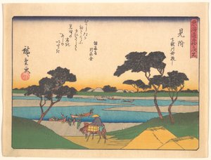 Tōkaidōs femtiotre stationer - Mitsuke, överfart över Tenryūfloden med båt av Utagawa Hiroshige
