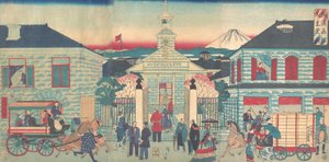 Illustration av utländska bostäder och den katolska kyrkan i Yokohama Yokohama..., 10:e månaden, 1870.