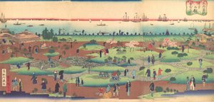 Illustration av trädgården på Tsukiji Hotel i östra huvudstaden Toto ..., ca. 1868-72.