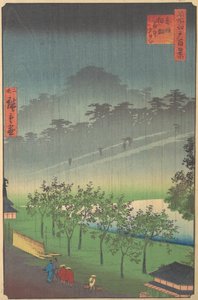 Kvällsvy över Kiribata i regn i Akasaka, 1859.