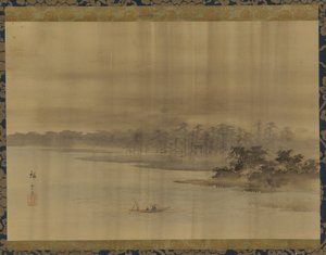 Flodlandskap och tempel i regnet, Edo-perioden, 1800-talet. av Utagawa Hiroshige II