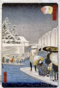 Båtar under snön, Japan - Hiroshige-tryck