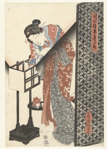 Kvinna vid lampa Secret Nighttime Dates av Moonlight (serietitel) Tsuki no kage shinobiau yoru (serietitel på objekt) av Utagawa Kunisada (I)